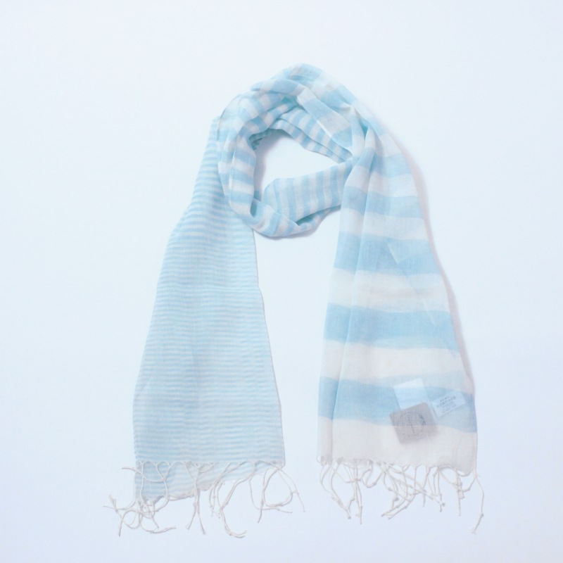 [1個]綿麻ランダムボーダーセミストール / ターコイズ　　