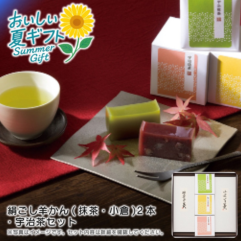 【送料込み】絹ごし羊かん(抹茶・小倉)2本・宇治茶セット