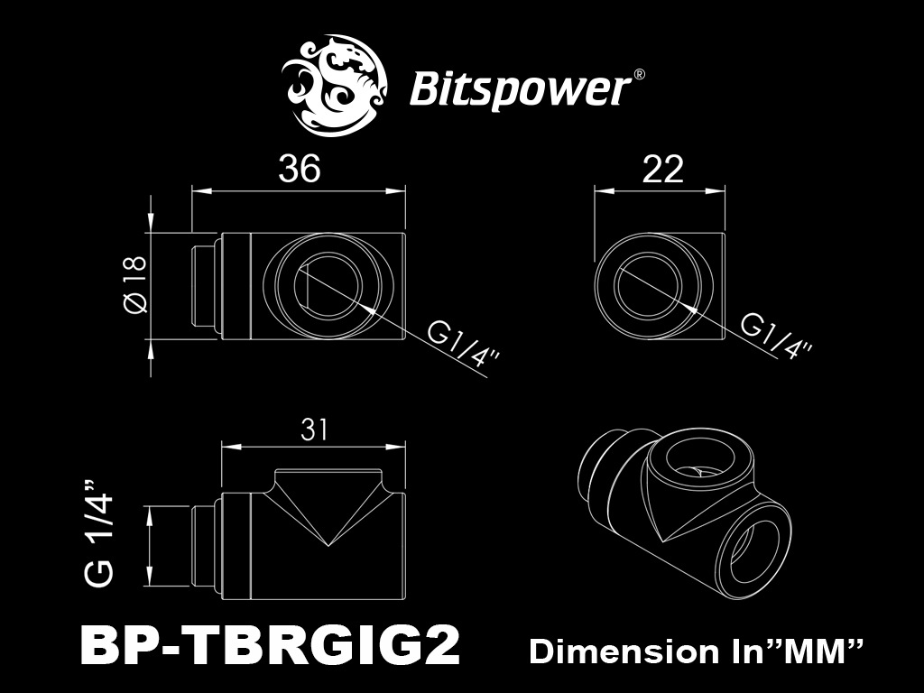 Bitspower Matt Black T-Block Rotary G1/4"& Inner G1/4"x2