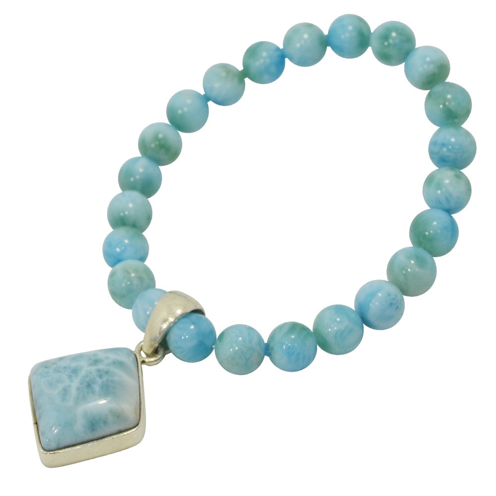 ラリマー<br> チャーム付きブレスレット<br>Φ8mm<br>スクエア トップ 一点もの<br>癒し/対人<br>★★★★☆