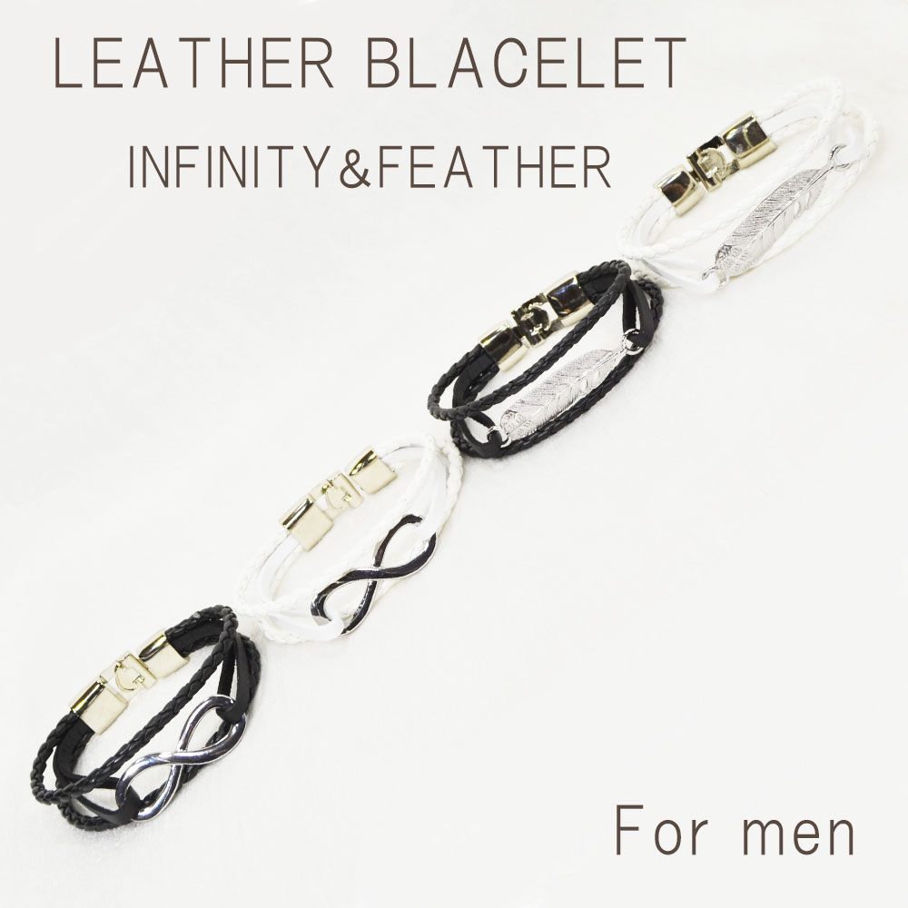 レザーブレスレット<br>メンズ/インフィニティ/フェザー