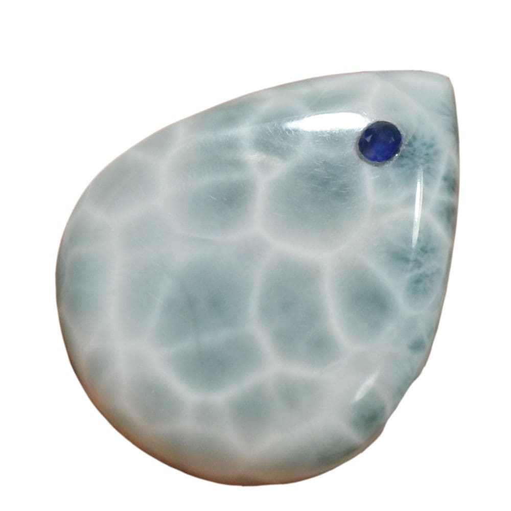 ラリマー/サファイア<br>ネックレストップ/ドロップ型<br>52mm×41mm×10mm<br>癒し/対人<br>石ランク/★★★★☆