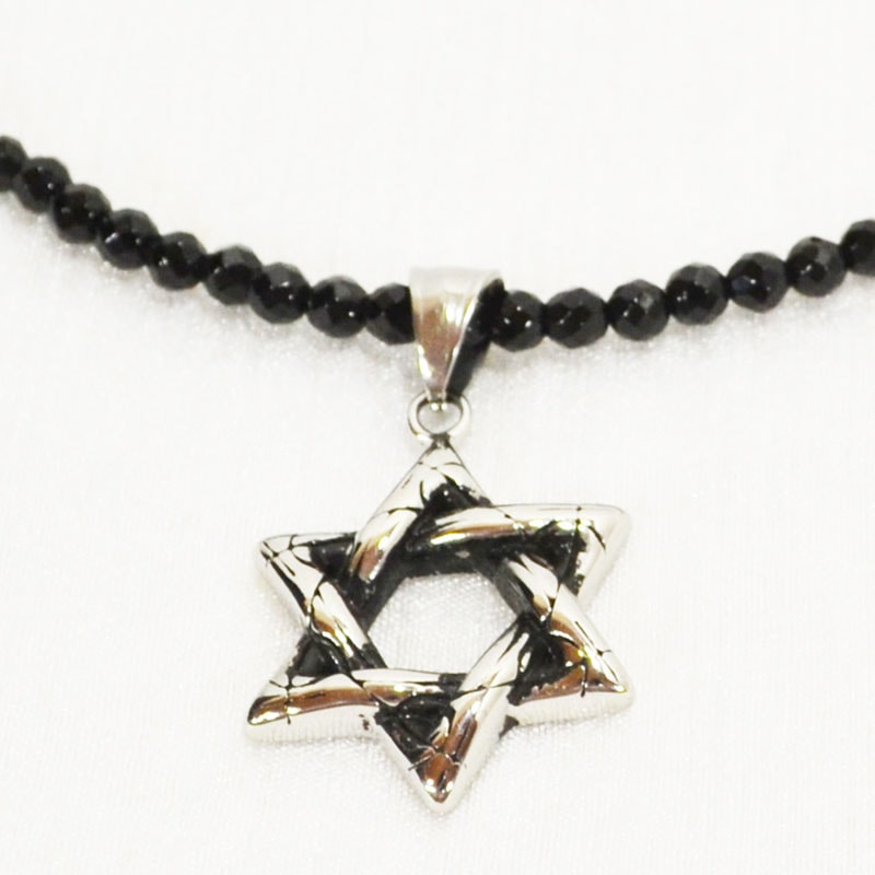 ブラックスピネルカット/オニキス<br>ステンレス製ネックレス/ペンダント<br>六芒星/ヘキサグラム/45cm～50cm<br>石ランク/★★★★★