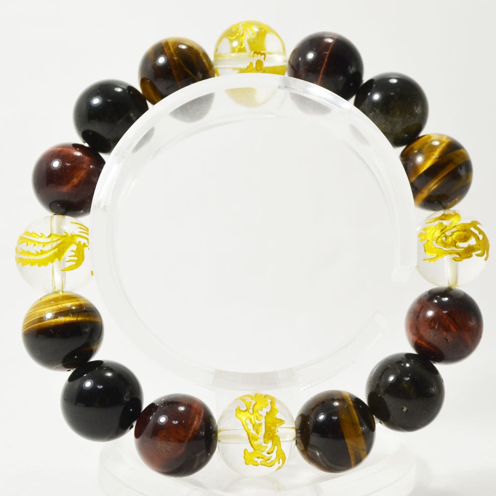 タイガーアイ/レッドタイガーアイ/オブシディアン/水晶<br>ブレスレット/四神獣<br>Φ14mm<br>金運/勝負運/浄化/純粋/無垢<br>石ランク/★★★★☆