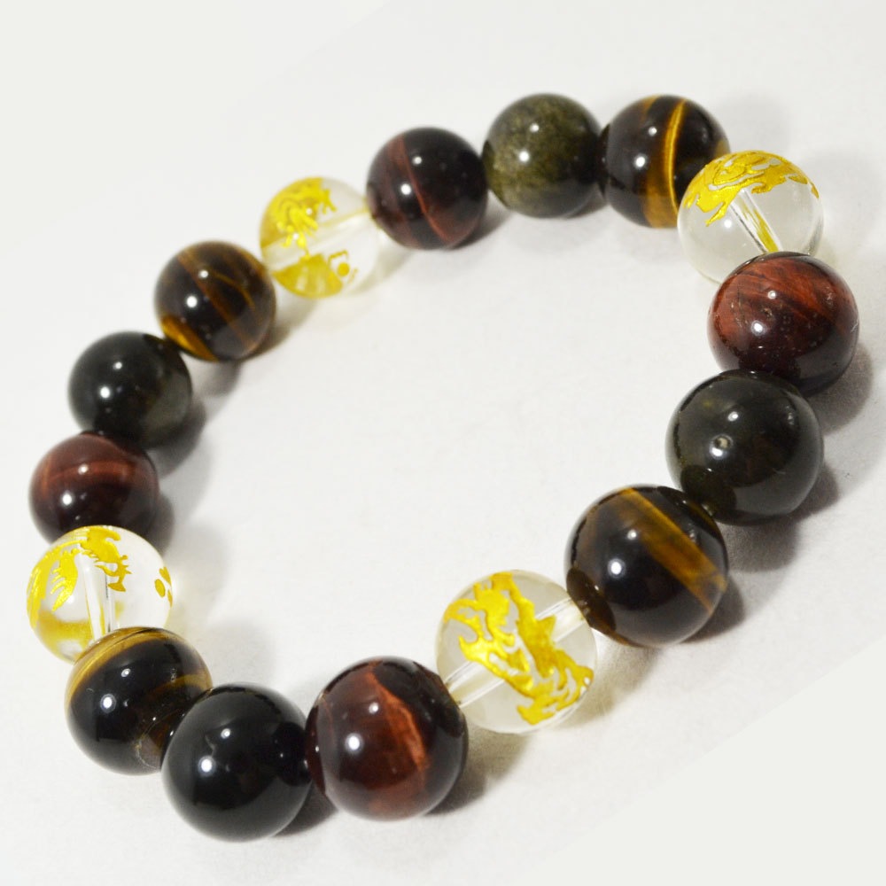 タイガーアイ/レッドタイガーアイ/オブシディアン/水晶<br>ブレスレット/四神獣<br>Φ14mm<br>金運/勝負運/浄化/純粋/無垢<br>石ランク/★★★★☆