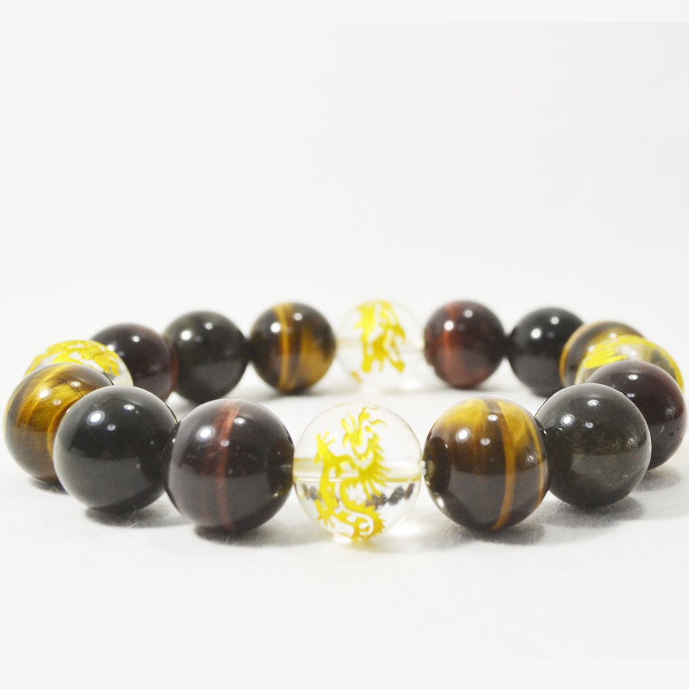 タイガーアイ/レッドタイガーアイ/オブシディアン/水晶<br>ブレスレット/四神獣<br>Φ14mm<br>金運/勝負運/浄化/純粋/無垢<br>石ランク/★★★★☆