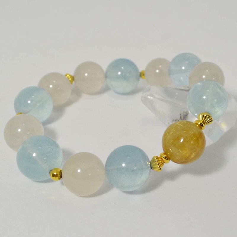 ゴールドルチル/ホワイトルチル/アクアマリン/<br>ブレスレット<br>Φ13-14.7mm<br>金運/癒し/海難守り<br>石ランク/★★★★★