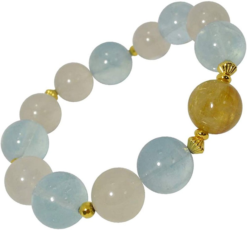 ゴールドルチル/ホワイトルチル/アクアマリン/<br>ブレスレット<br>Φ13-14.7mm<br>金運/癒し/海難守り<br>石ランク/★★★★★