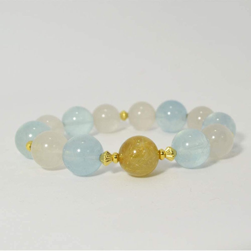 ゴールドルチル/ホワイトルチル/アクアマリン/<br>ブレスレット<br>Φ13-14.7mm<br>金運/癒し/海難守り<br>石ランク/★★★★★