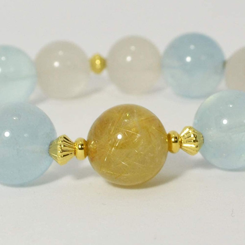 ゴールドルチル/ホワイトルチル/アクアマリン/<br>ブレスレット<br>Φ13-14.7mm<br>金運/癒し/海難守り<br>石ランク/★★★★★