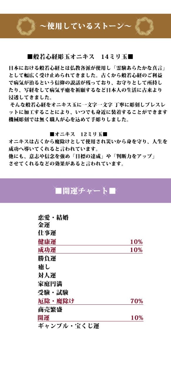オニキス<br>ブレスレット/般若心経<br>Φ12mm-14mm<br>魔除け/厄除<br>石ランク/★★★☆☆