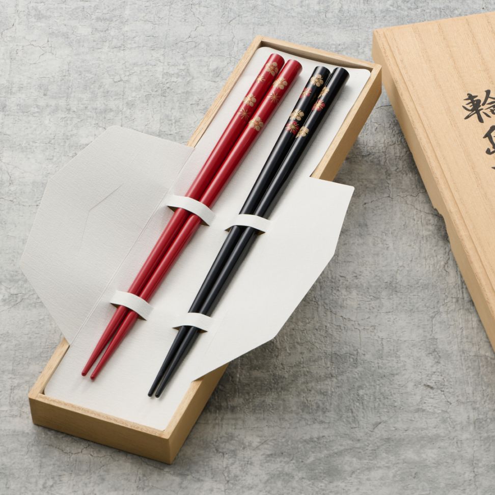 【輪島塗】　蒔絵箸（紅白梅）　