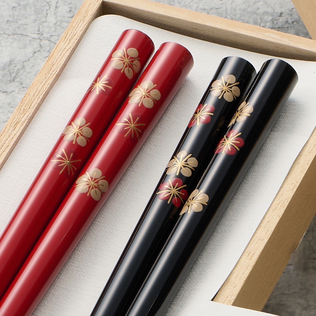 【輪島塗】　蒔絵箸（紅白梅）　