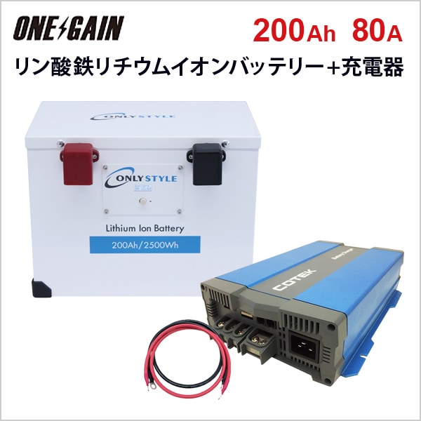 オンリースタイル リン酸鉄リチウムイオンバッテリー 200Ah 2500Wh 12v 2022モデル + 高性能急速充電器CX1280 ...