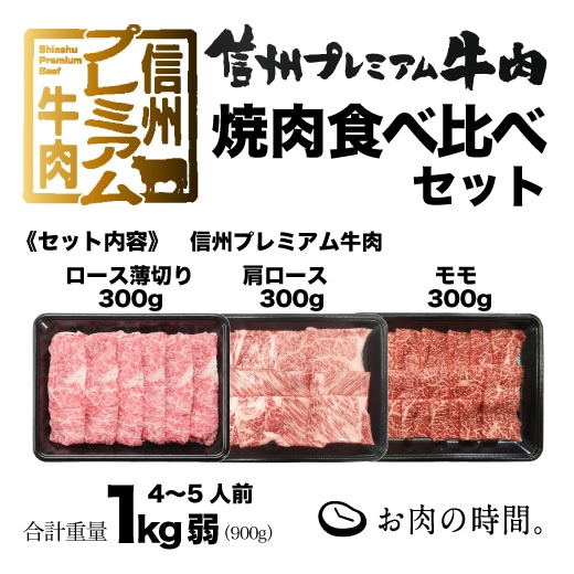 【ｷﾞﾌﾄ包装】信州ﾌﾟﾚﾐｱﾑ牛肉　焼肉食べ比べセット（ﾛｰｽ薄切り焼肉用300g、肩ﾛｰｽ300g、ﾓﾓ300g）