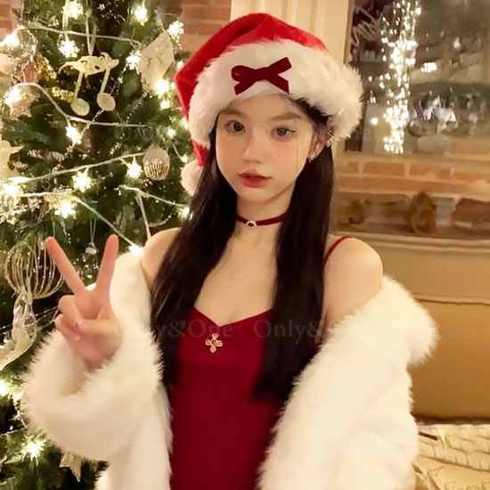 ボリューム白ファーのリボンサンタ帽子 大人用｜Xmas仮装・イベント・撮影小物 no133商品サムネ画像