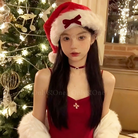 ボリューム白ファーのリボンサンタ帽子 大人用｜Xmas仮装・イベント・撮影小物 no133商品サムネ画像