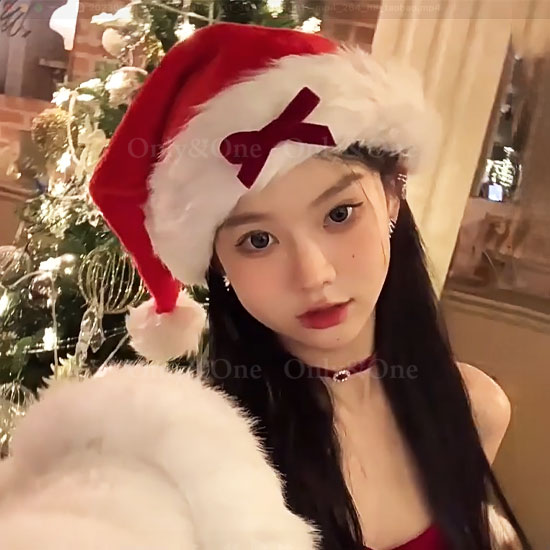 ボリューム白ファーのリボンサンタ帽子 大人用｜Xmas仮装・イベント・撮影小物 no133商品サムネ画像