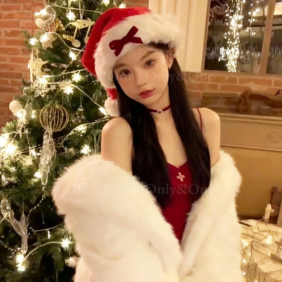 ボリューム白ファーのリボンサンタ帽子 大人用｜Xmas仮装・イベント・撮影小物 no133商品サムネ画像