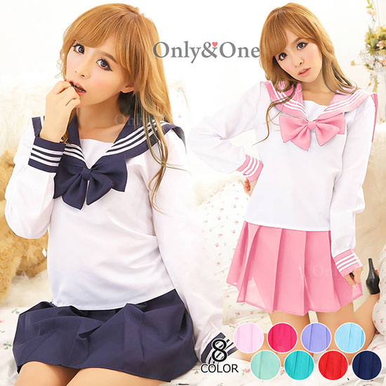 【訳あり品】セーラー服 コスプレ 衣装 制服 女子高生 JK CUTE 長袖 コスチューム カラバリ豊富Mサイズショッキングピンク商品メイン画像
