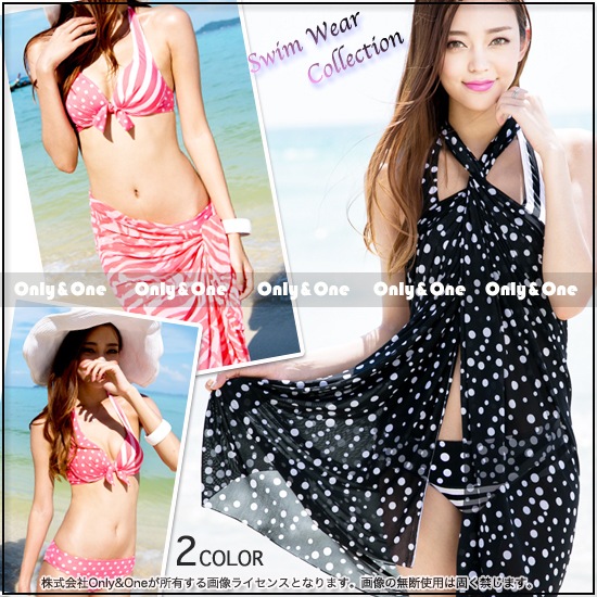 【在庫処分】３点セットドット柄露出控えめドット柄２色あり着痩せお腹を隠すレディース水着パレオビキニ s0251商品メイン画像