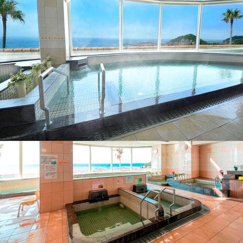 目の前に太平洋の大海原が広がる源泉かけ流し100％、加水は行っておりません。吸い付くような強アルカリの力をご体感ください。病みつきになります！