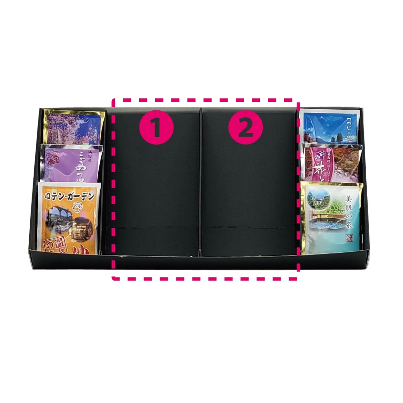 ①.②お買い上げ商品を入れてオリジナルギフトを作ることが出来ます。