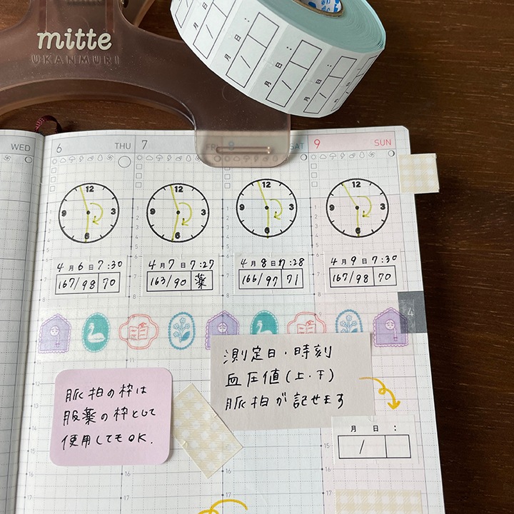 手帳のラベラーシール 血圧と脈拍 黒