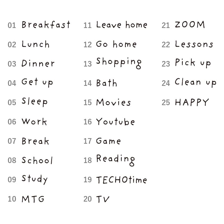 手帳文字スタンプS 英語手書きver 全25種類（b-043-01~25）