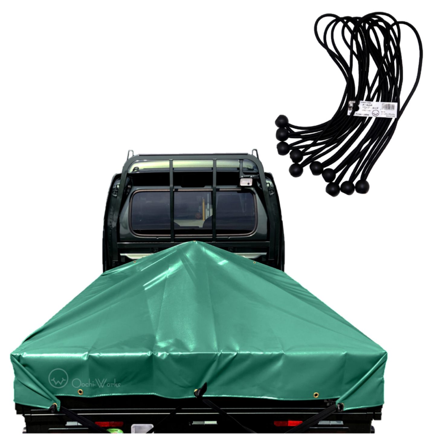 バンジーコード 10本付 スーパーキャリイシート スロープ型 シート単品 グリーン (前部)2.0ｍ・(後部)1.9ｍ×(長さ)1.7ｍ 台形シート