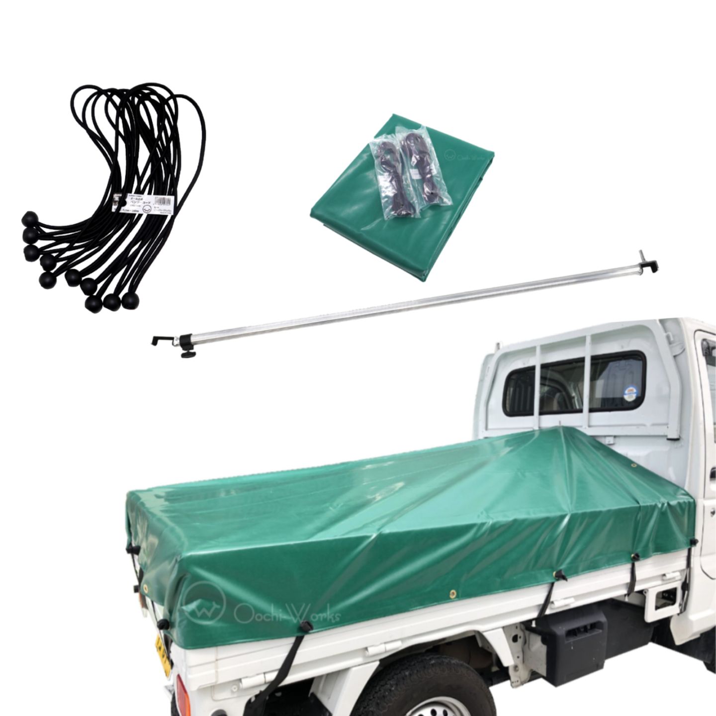 バンジーコード 10本付 トラックシート 伸縮式荷台ポールセット スロープ型 グリーン 軽トラ用 標準荷台軽トラック用 エステル帆布 荷台シート