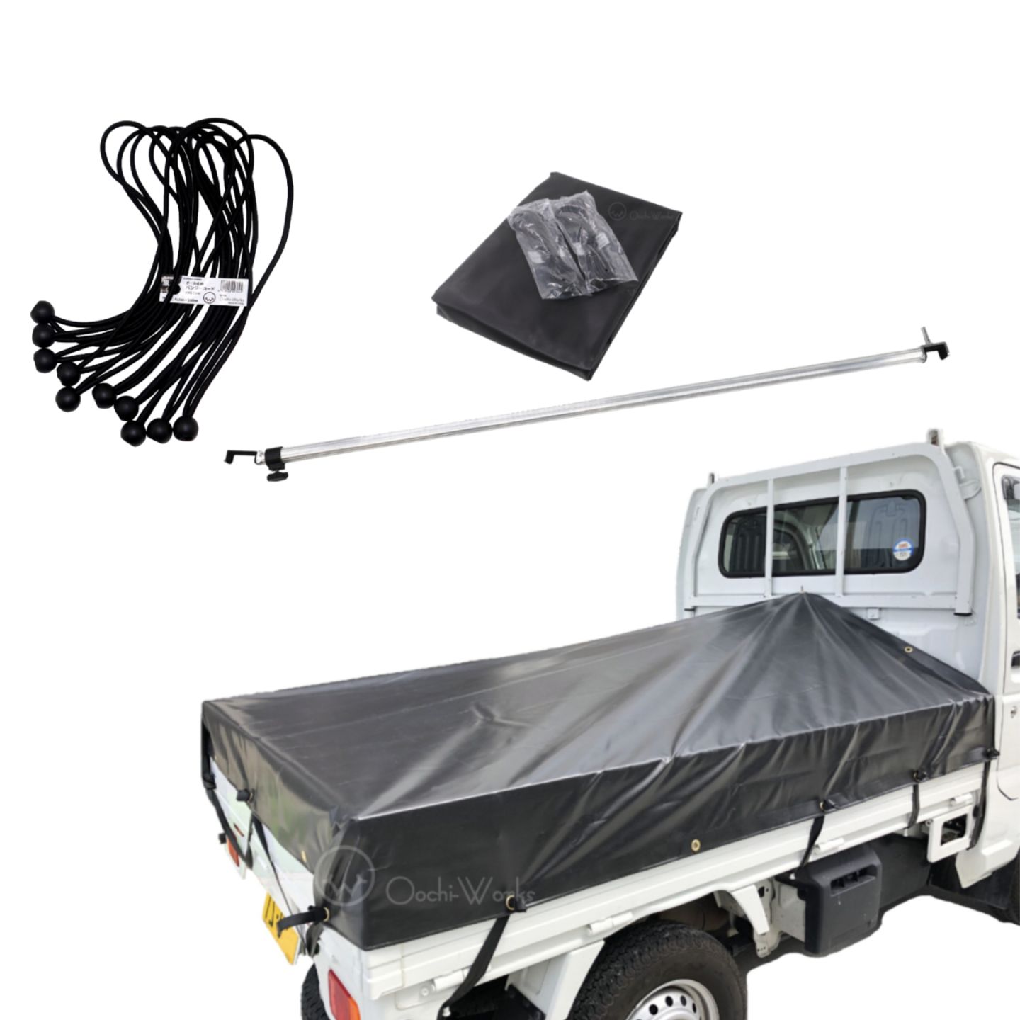 バンジーコード 10本付 トラックシート 伸縮式荷台ポールセット スロープ型 ブラック 軽トラ用 標準荷台軽トラック用 エステル帆布 荷台シート