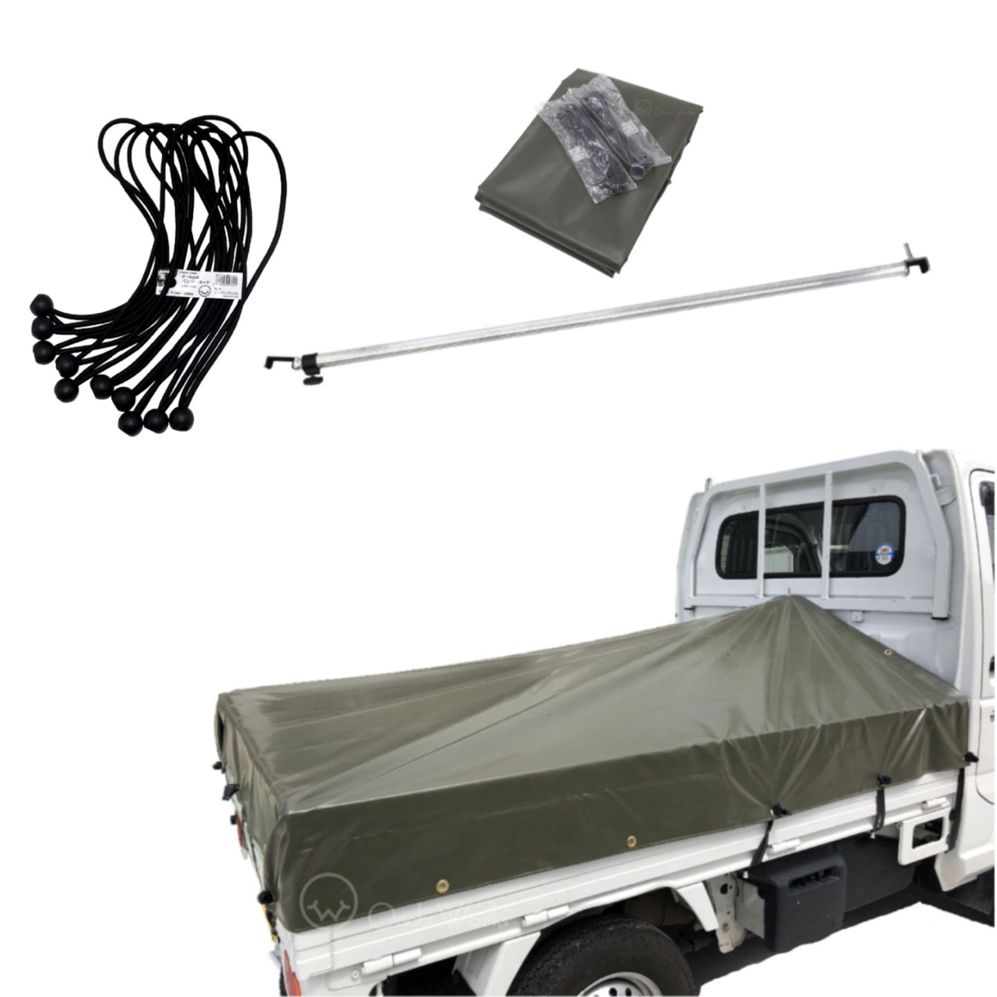 バンジーコード 10本付 トラックシート 伸縮式荷台ポールセット スロープ型 OD 国防色 軽トラ用 標準荷台軽トラック用 エステル帆布 荷台シート