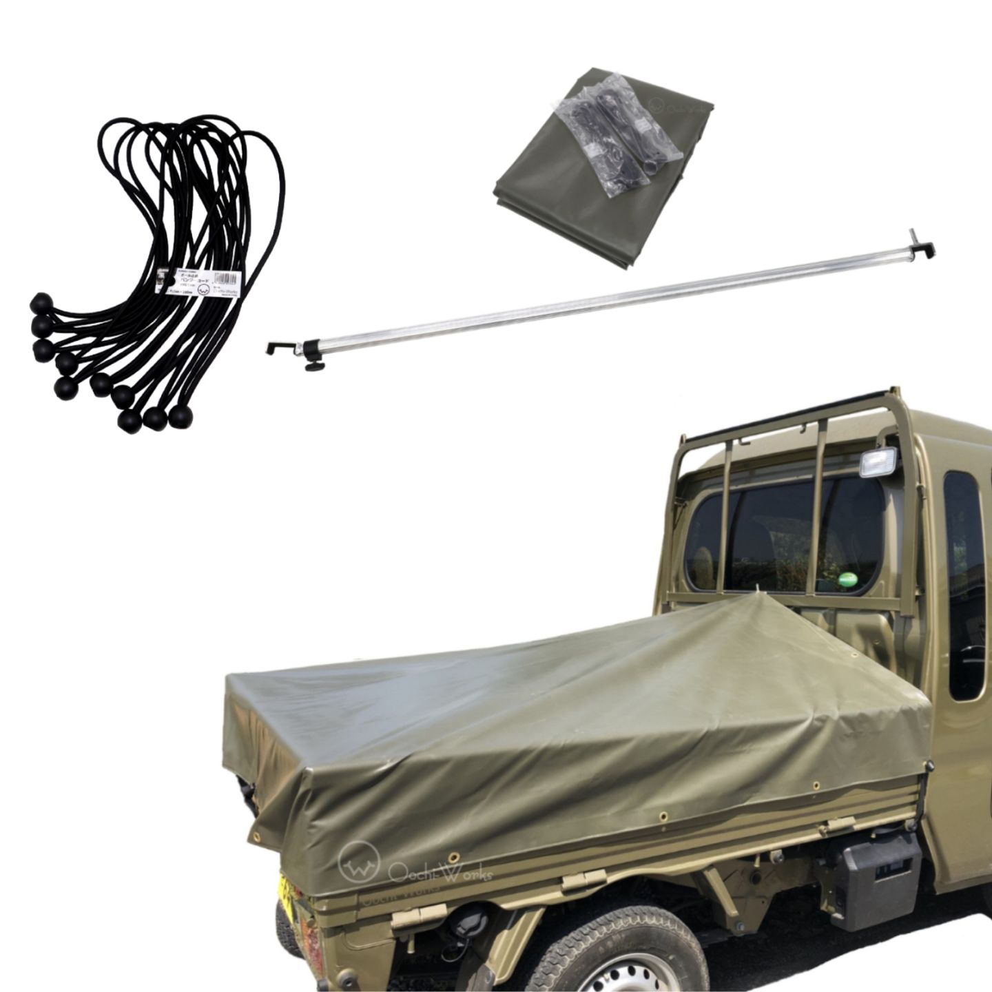 バンジーコード 10本付 トラックシート ハイゼットジャンボ用シート 伸縮式荷台ポールセット スロープ型 OD 国防色 エステル帆布トラックシート 荷台シート