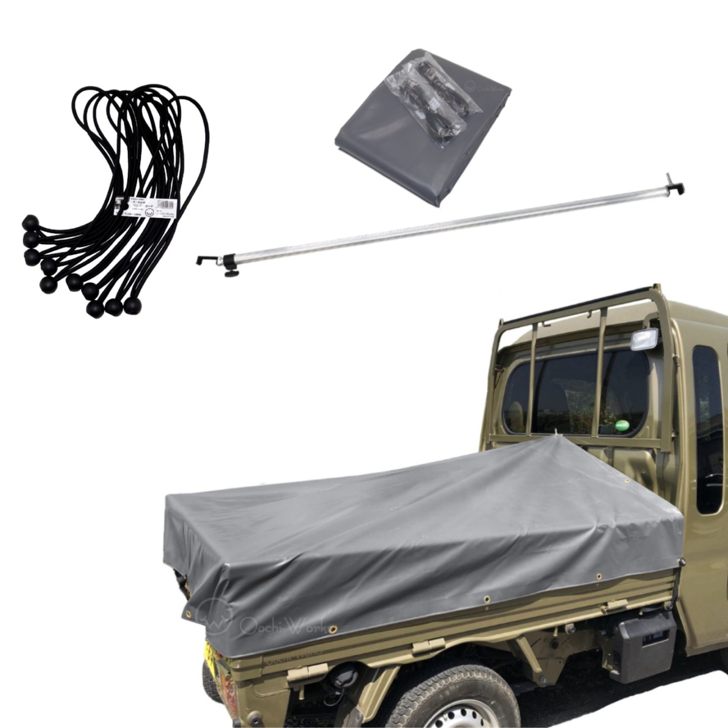 バンジーコード 10本付 ハイゼットジャンボ用シート スロープ型 伸縮式荷台ポールセット グレー エステル帆布トラックシート