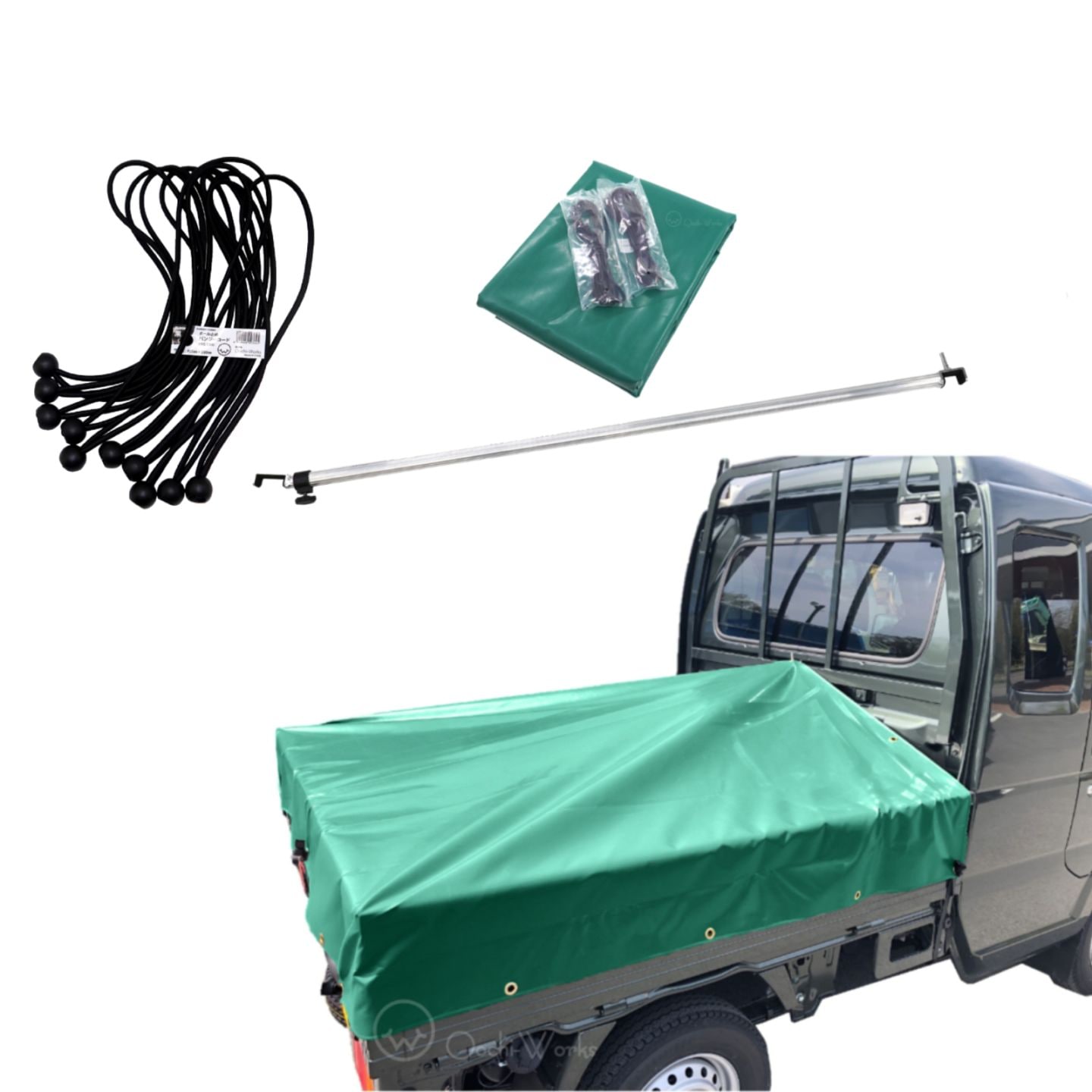 バンジーコード 10本付 トラックシート スーパーキャリイ用シート 伸縮式荷台ポールセット スロープ型 グリーン エステル帆布トラックシート 荷台シート