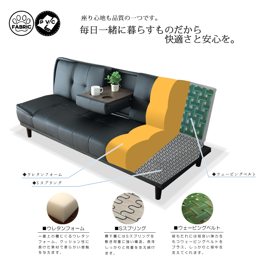 【商品コード:sn-941】ソファベッド 180cm 3P 3人掛け エアレザー 合成皮革 PVC ファブリック ペット対応 背面ガード ...