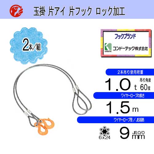 玉掛索 JIS 径9mm 長さ1.5m 2本セット ロック加工 片アイ 片フック