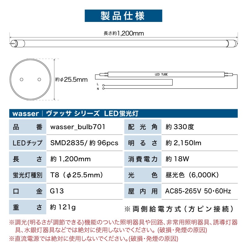 直管型LEDランプ 120cm 6000K