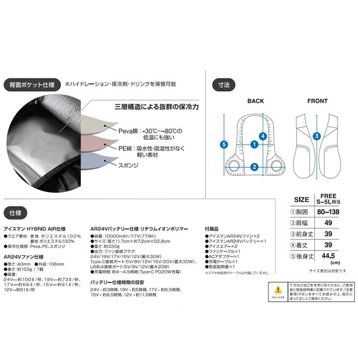 【2025】送料無料！山真製鋸_アイスマン_HYBRID-AIR_新作 作業着 作業服 空調 ベスト 24V ファン バッテリーy-air05