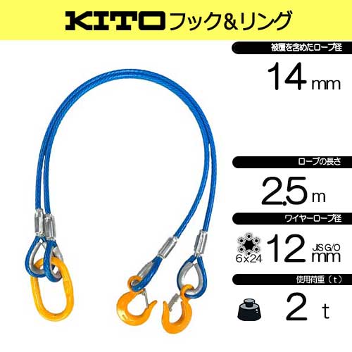 被覆PVC 青 JIS 径12mm 長2.5m 荷重2.0t 2点吊 ワイヤー
