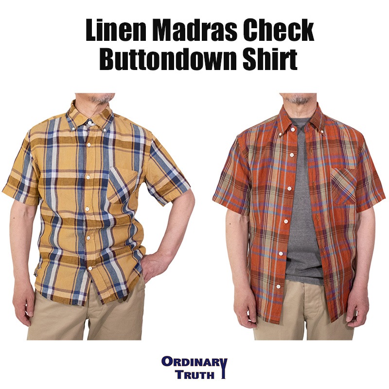 開店記念20%OFF】リネンマドラスチェック ボタンダウンシャツ 夏物
