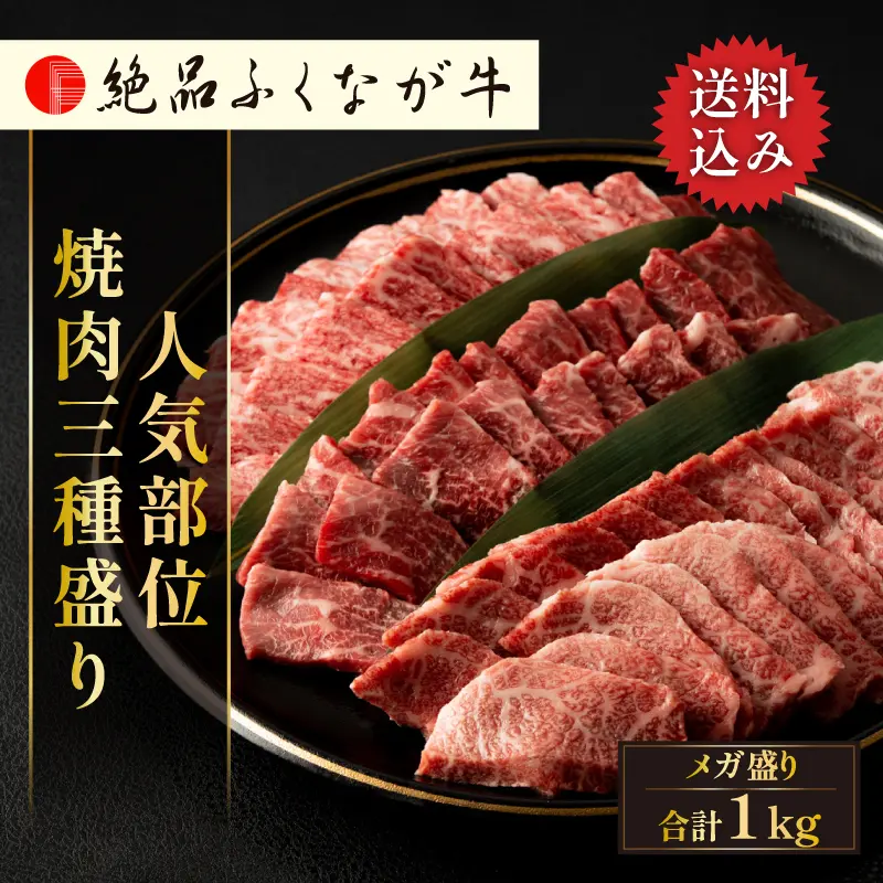 絶品ふくなが牛 人気部位 焼肉三種盛りセット 1kg