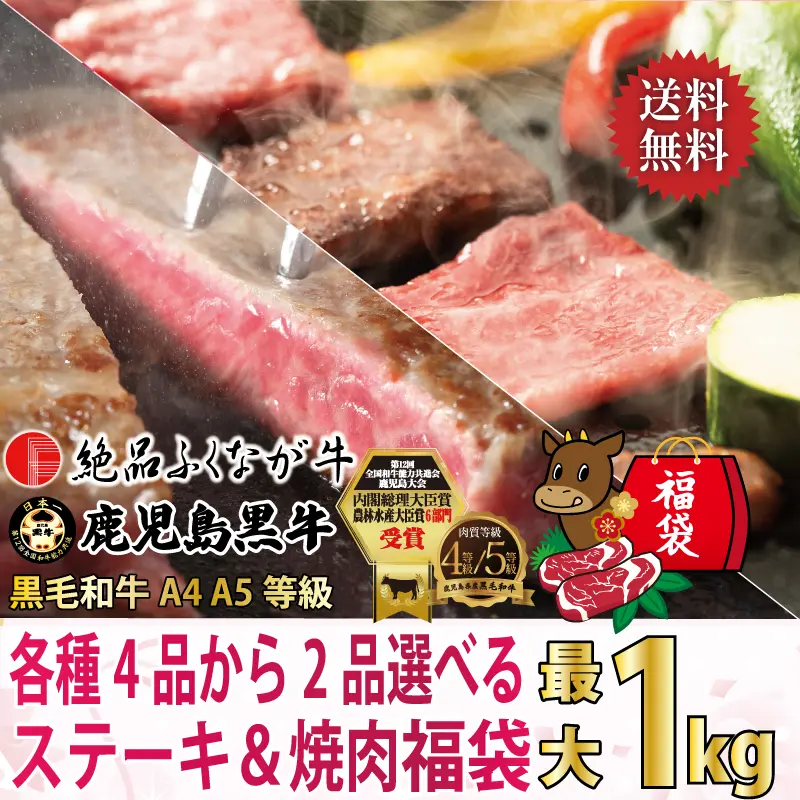 母の日・父の日 鹿児島黒牛と絶品ふくなが牛 選べる肉福袋 800g～1kg