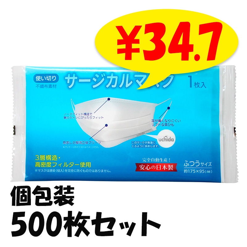 日本製 サージカルマスク(個包装、完全自動生産)1枚入 500枚セット(1c
