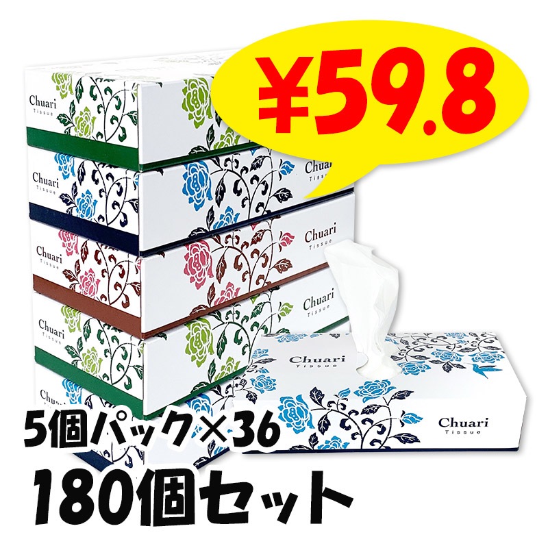 ボックスティッシュ Chuari(ちゅあり) エコ寸 120W 5P 180個セット(5個