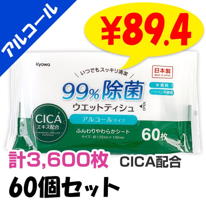 99.9%除菌ウェットティッシュ CICAエキス アルコールタイプ60枚 60個 99.9%除菌ウェットティッシュ CICAエキス アルコールタイプ60枚 60個