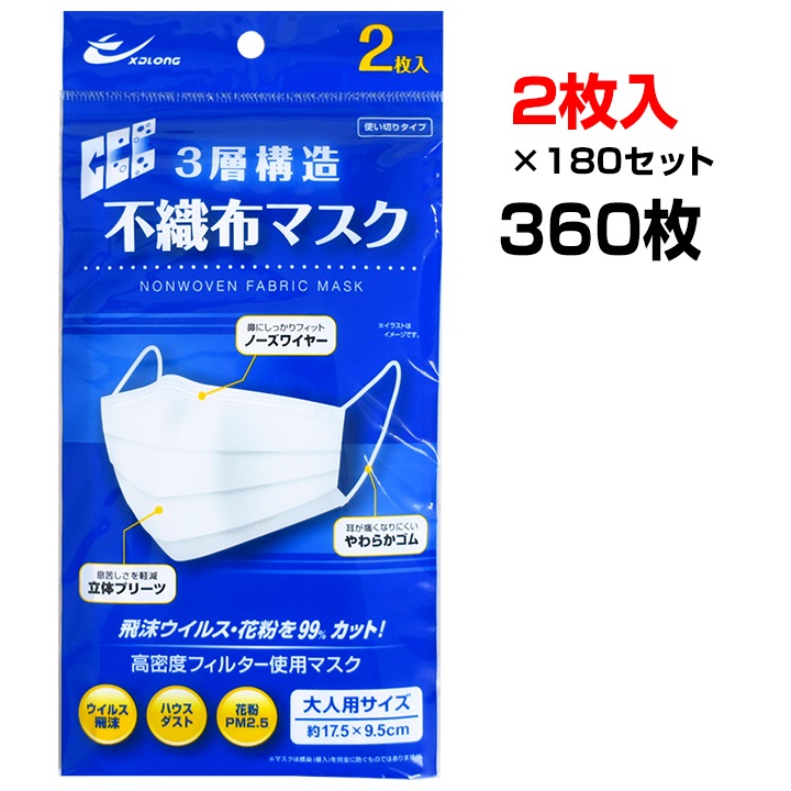 即納 3層構造不織布マスク2枚入 180セット 卸スタジアム
