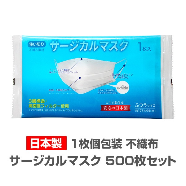 日本製 サージカルマスク(個包装、完全自動生産)1枚入 500枚セット(1c