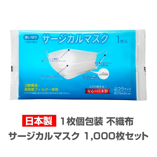 日本製 サージカルマスク(個包装、完全自動生産)1枚入 1,000枚セット
